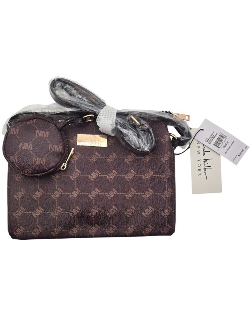 Nicole Miller New York Brown Monogram Crossbody Bag & Coin Purse 11x10in NWT